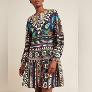 Farm Rio for Anthropologie Carlotta abstract patterned long-sleeve dress XS